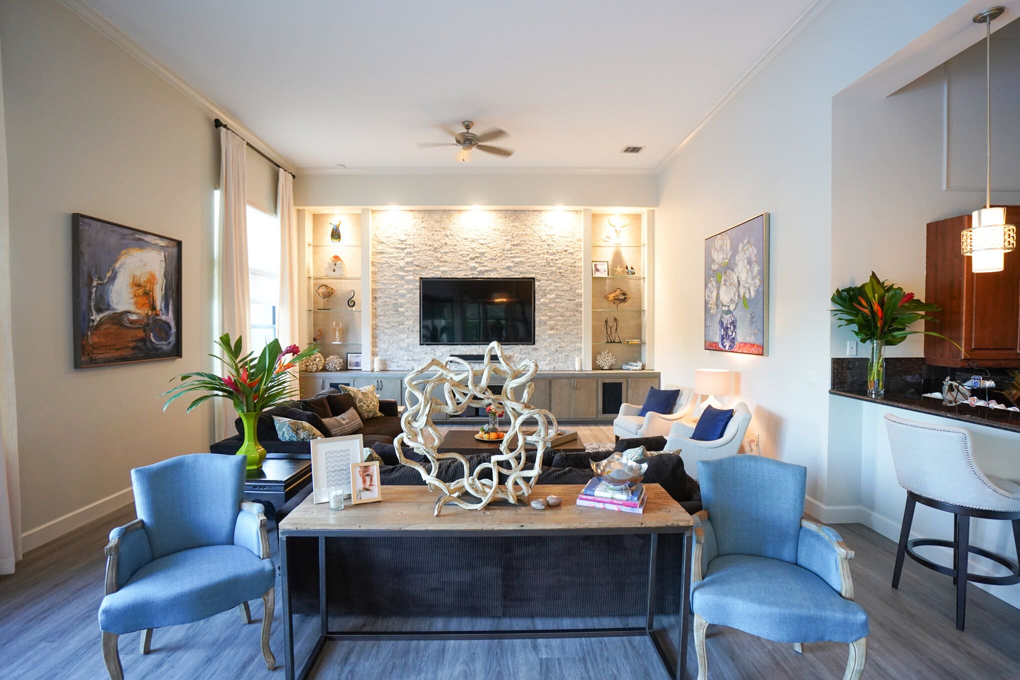 Formal living room with the seating arranged against the walls